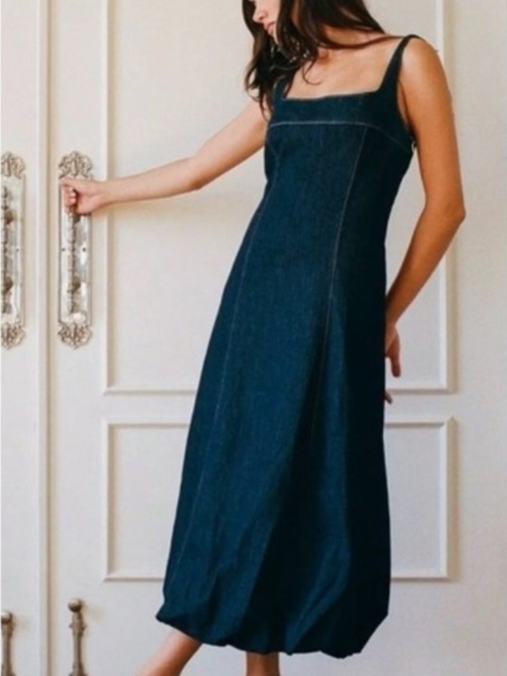 Zara Denim Bubble Hem Midi Dress | Size Medium